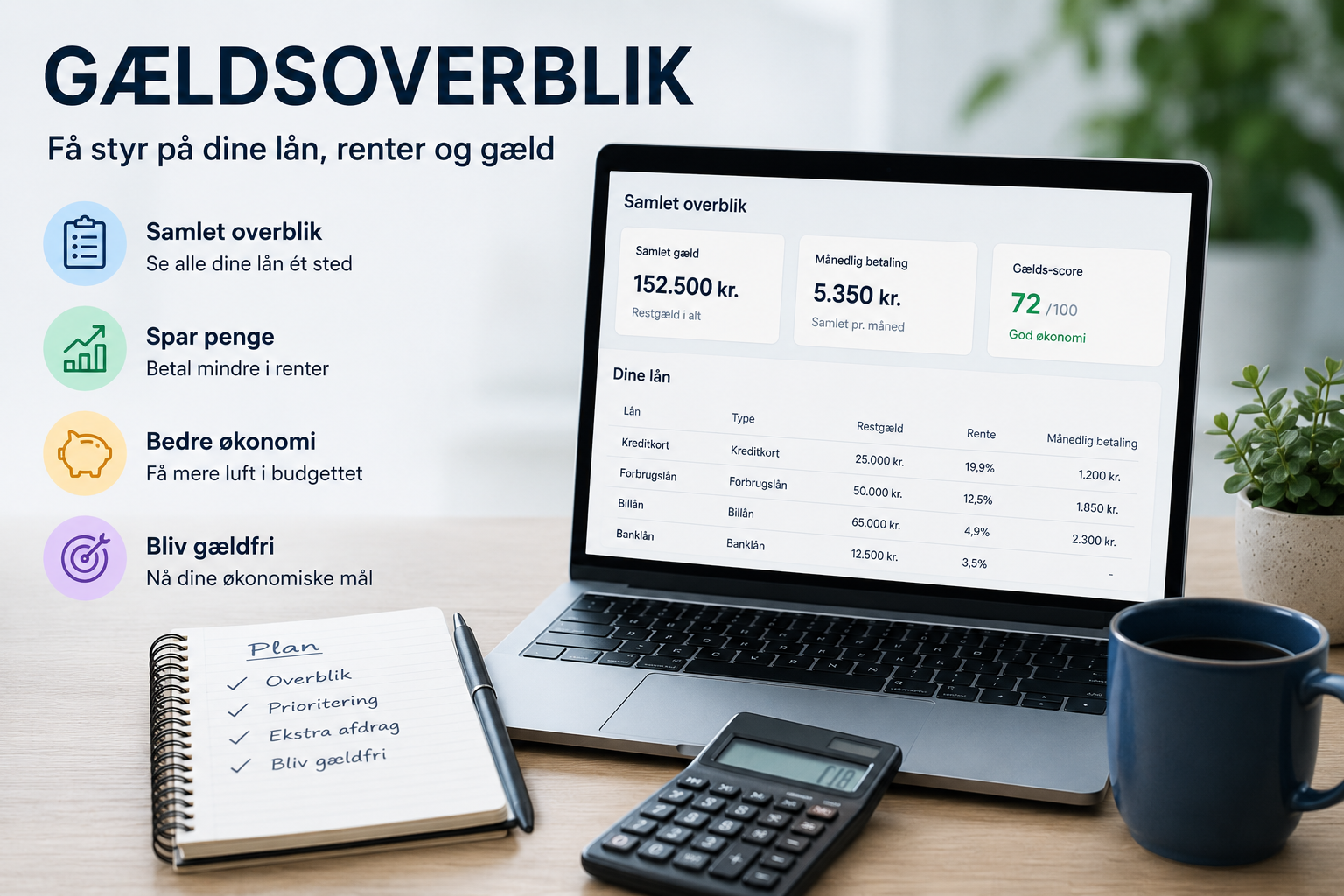 Gældsoverblik over lån, renter, afdrag og restgæld