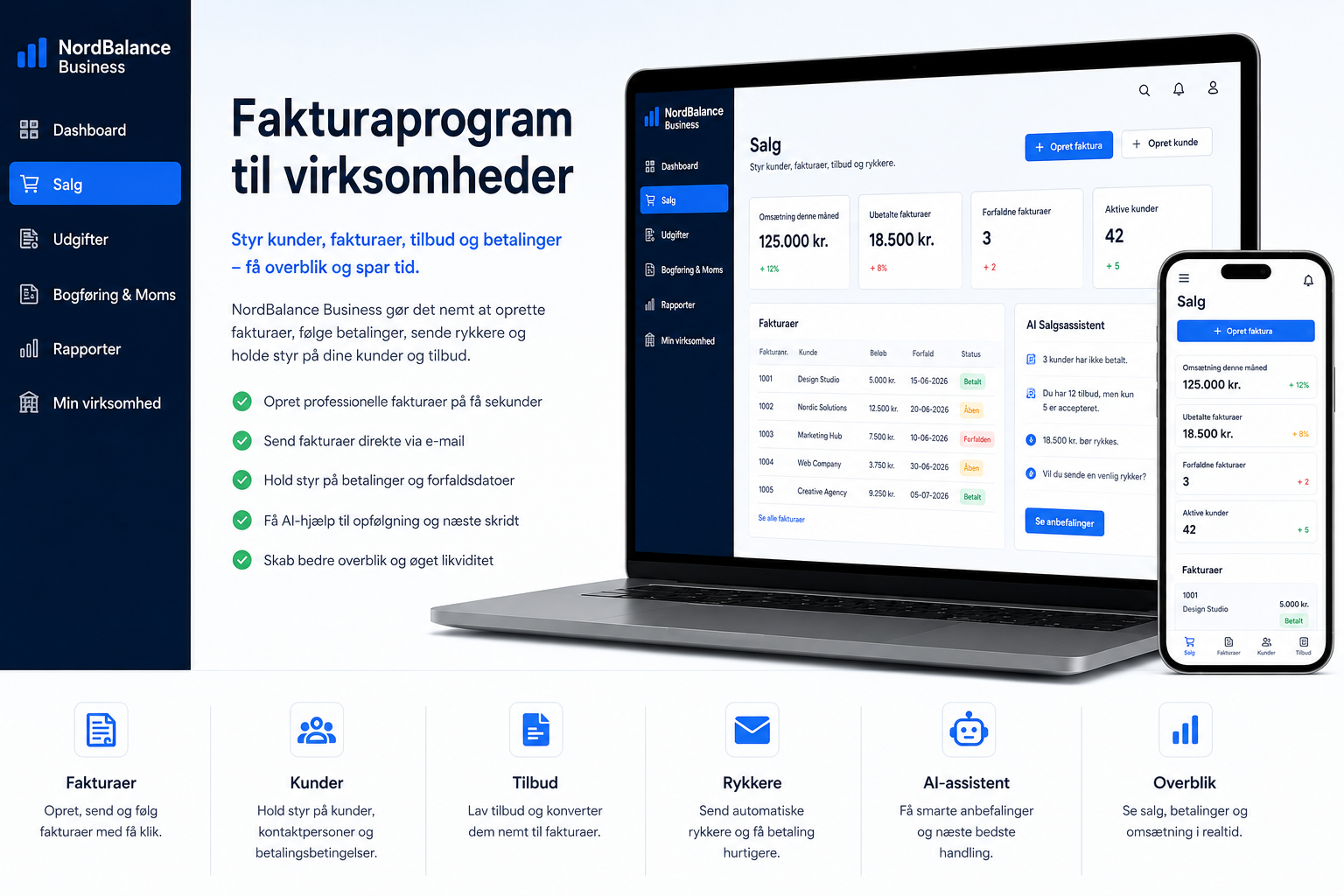 Fakturaprogram, CRM, produkter og faktura til virksomheder med AI salgsassistent