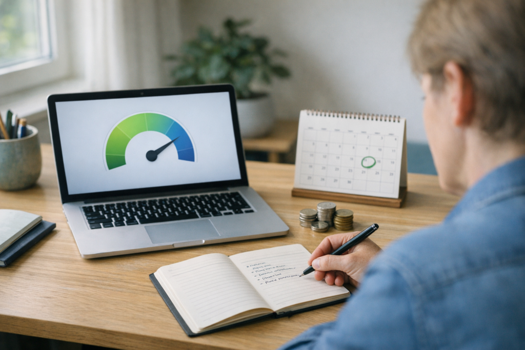 Hjemmekontor med laptop der viser økonomi‑score, kalender og mønter